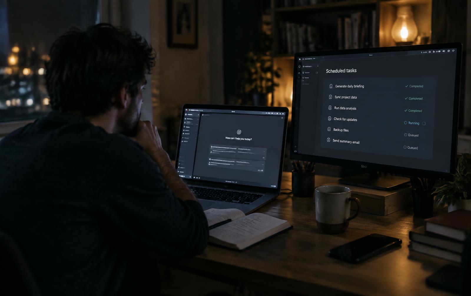 Illustrative workstation showing scheduled tasks on a monitor