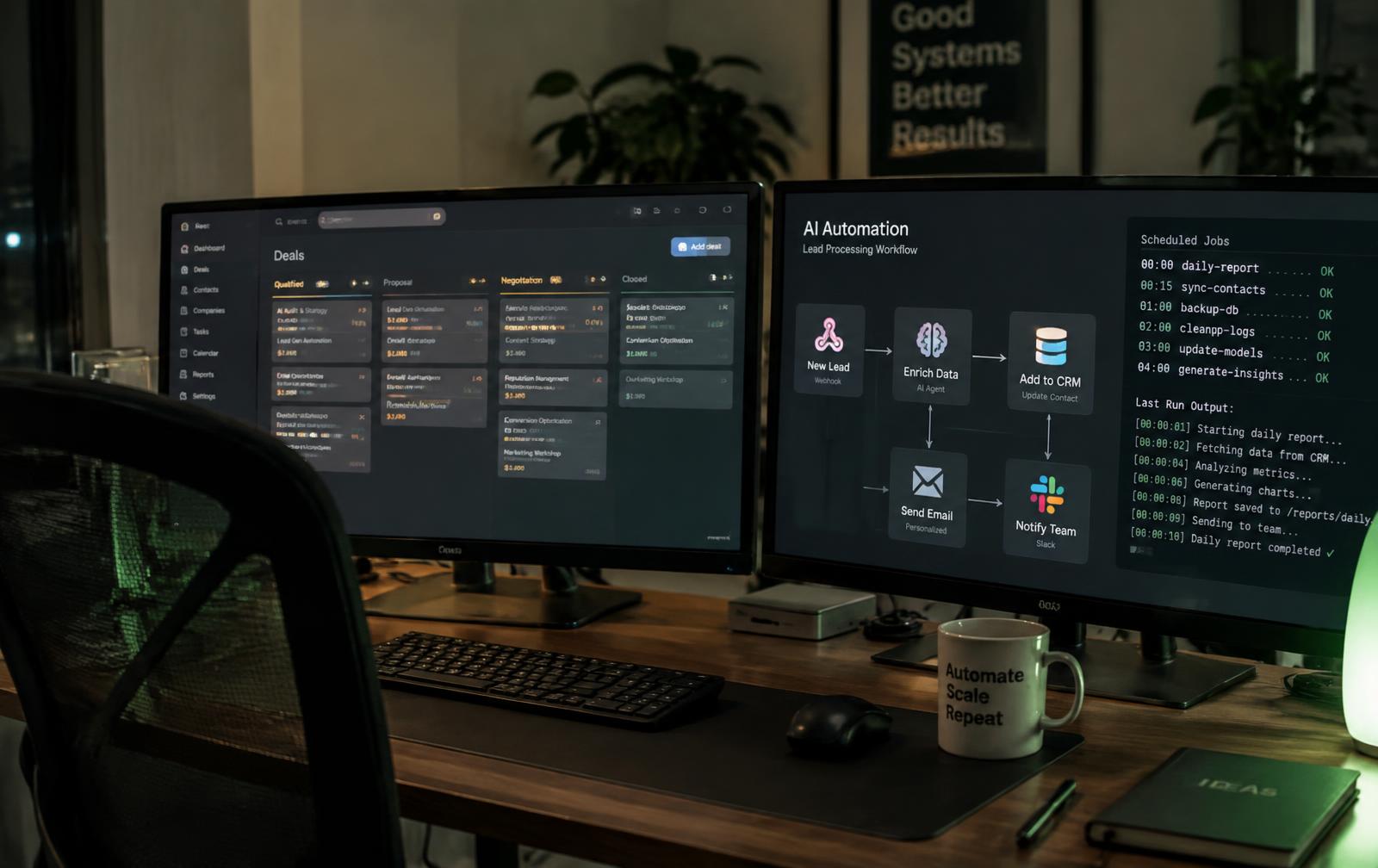 Illustrative CRM pipeline and scheduled tasks on monitors