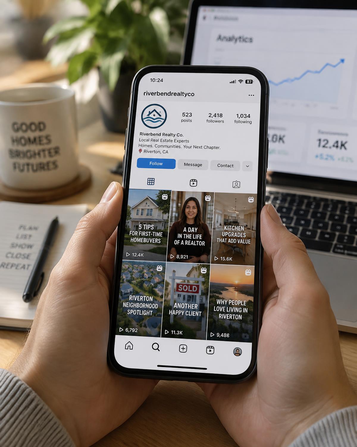 Illustrative social video grid on a phone